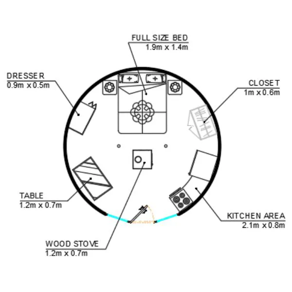 Yurt floor plan example for 16ft / 4.9m yurt