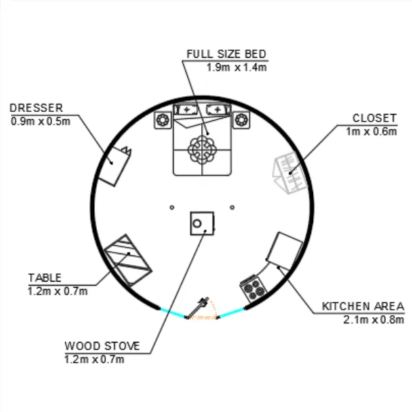 Yurt floor plan example for 19ft / 5.8m yurt