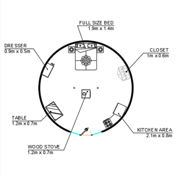 Yurt floor plan example for 22ft / 6.7m yurt