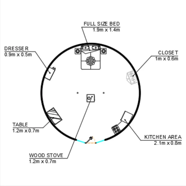 Yurt floor plan example for 26ft / 7.9m yurt