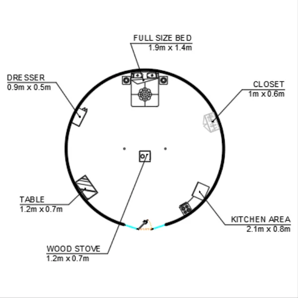 Yurt floor plan example for 29ft / 8.8m yurt