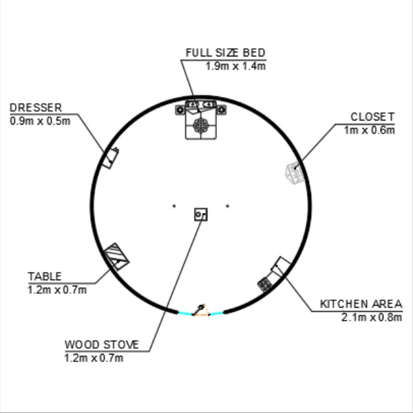 Yurt floor plan example for 36ft / 11m yurt